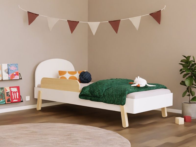Kinder-Einzelbett NOVA mit rundem Kopfteil und Seitenwand 90x200 cm im skandinavischen Design