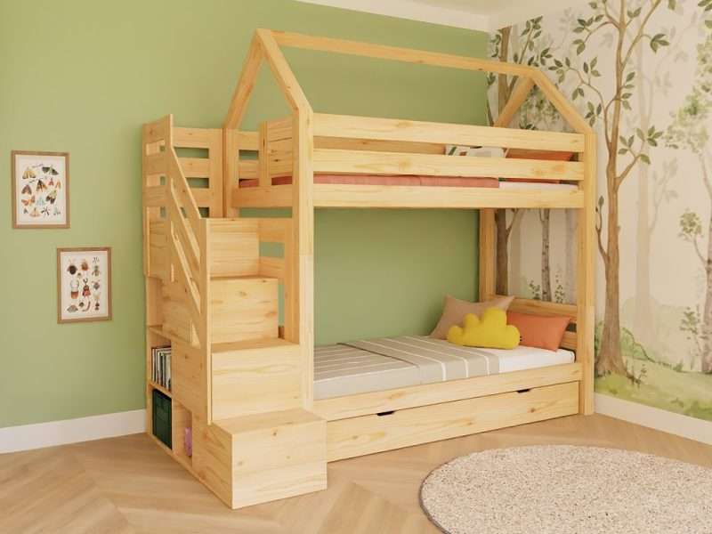 Haus-Etagenbett ALPY mit seitlicher Aufbewahrungstreppe – 90x200 cm