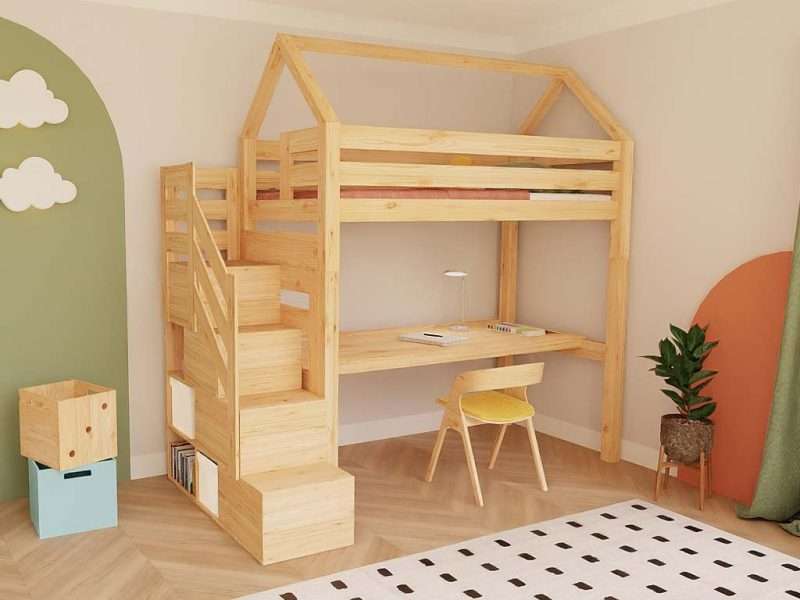 Spielhaus-Hochbett MANASLU mit Schreibtisch und Aufbewahrungstreppe